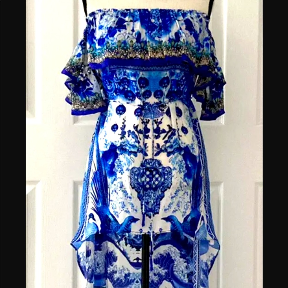 Shahida Parides Blue Bird Print Silk Dress Beaded Off Shoulder Hi Lo Size M/L